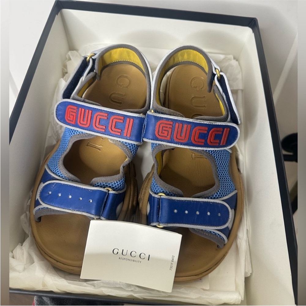 Gucci Blue Sandals with Red Logo and Tan Footbed
